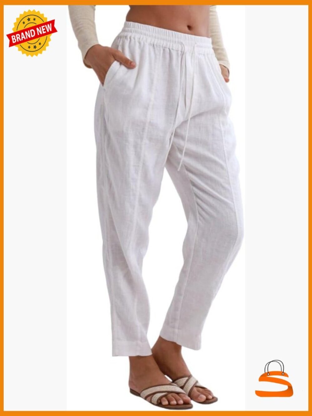 100% Linen Elastic Waist Drawstring Tapered Pants Summer